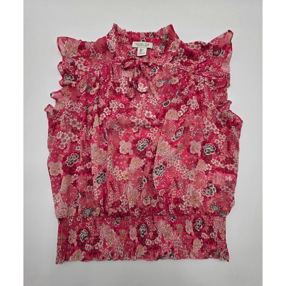 Rachel Zoe Pink Floral Smocked Waist Blouse Sleeveless Ruffle Neck Top Large